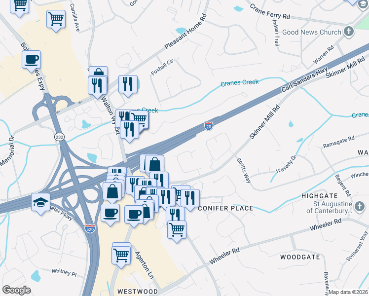 map of restaurants, bars, coffee shops, grocery stores, and more near 40 Eagle Pointe Court in Augusta