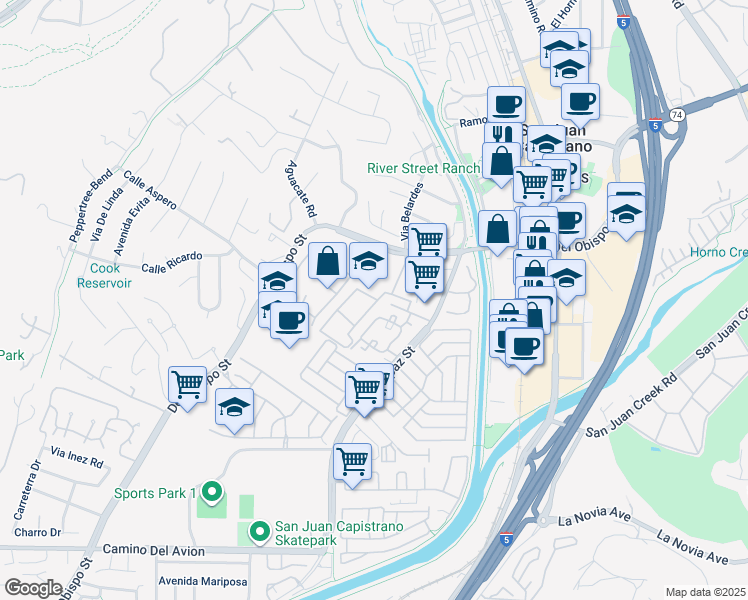 map of restaurants, bars, coffee shops, grocery stores, and more near 32165 Paseo Carolina in San Juan Capistrano