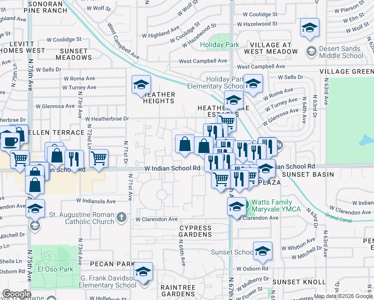 map of restaurants, bars, coffee shops, grocery stores, and more near 6901 West Devonshire Avenue in Phoenix