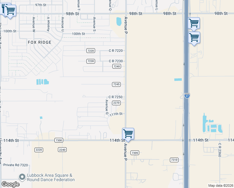 map of restaurants, bars, coffee shops, grocery stores, and more near 1605 County Road 7245 in Lubbock