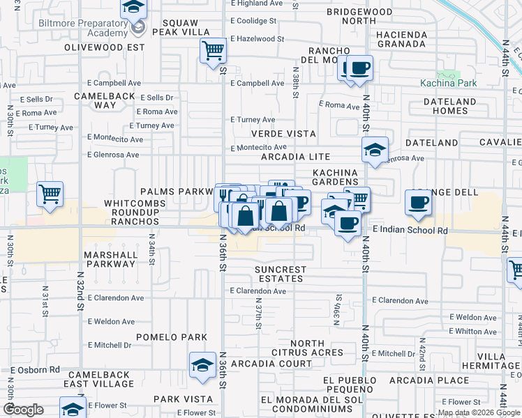 map of restaurants, bars, coffee shops, grocery stores, and more near 3637 East Monterosa Street in Phoenix