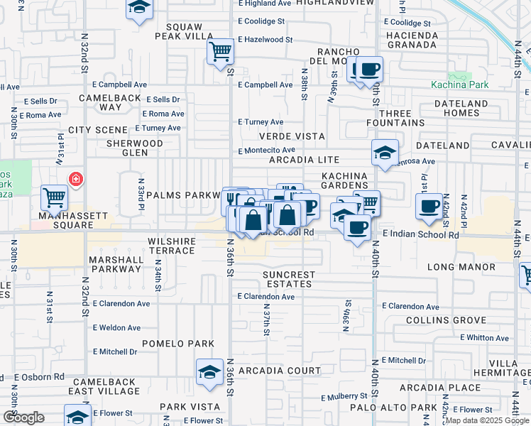 map of restaurants, bars, coffee shops, grocery stores, and more near 3637 East Monterosa Street in Phoenix