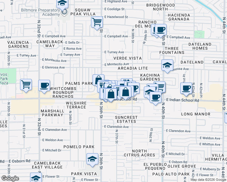 map of restaurants, bars, coffee shops, grocery stores, and more near 3637 East Monterosa Street in Phoenix