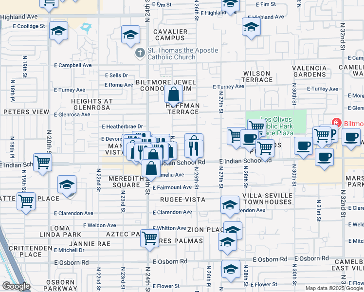 map of restaurants, bars, coffee shops, grocery stores, and more near 2513 East Devonshire Avenue in Phoenix