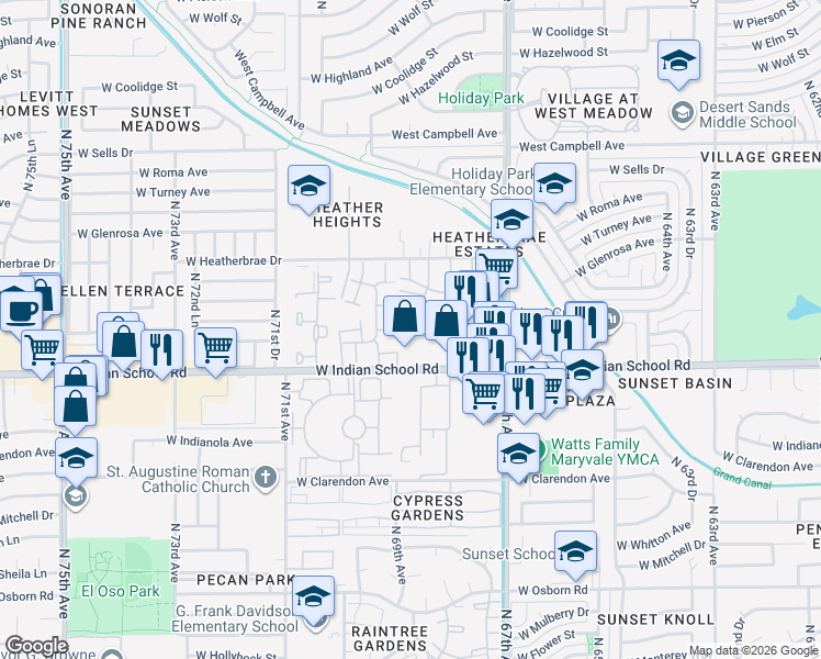 map of restaurants, bars, coffee shops, grocery stores, and more near 6901 West Devonshire Avenue in Phoenix