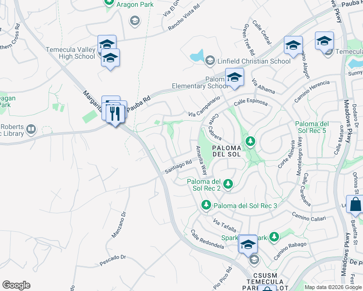 map of restaurants, bars, coffee shops, grocery stores, and more near 43149 Corte Tolosa in Temecula