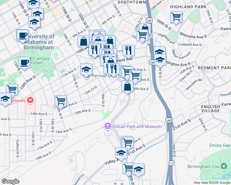 map of restaurants, bars, coffee shops, grocery stores, and more near 1920 15th Avenue South in Birmingham
