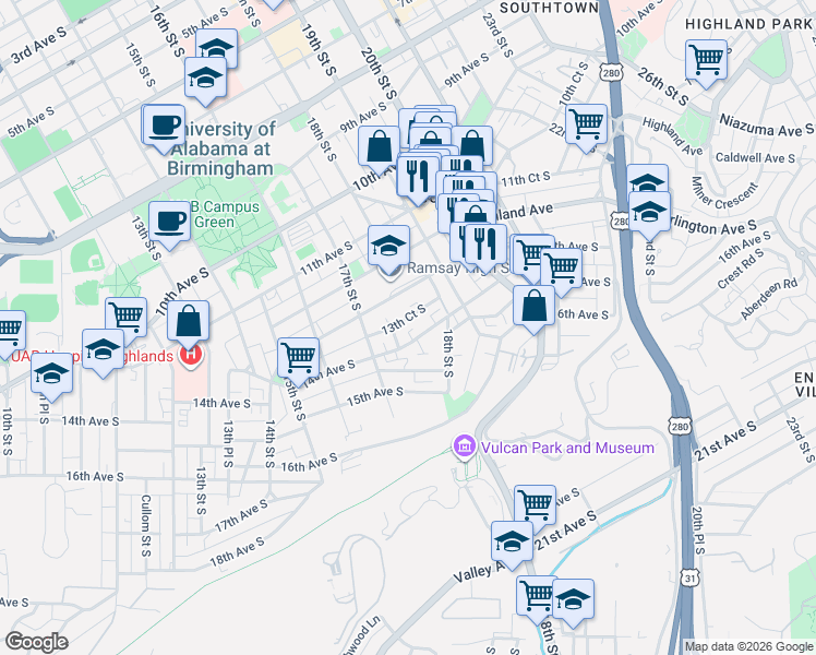 map of restaurants, bars, coffee shops, grocery stores, and more near 1724 14th Avenue South in Birmingham