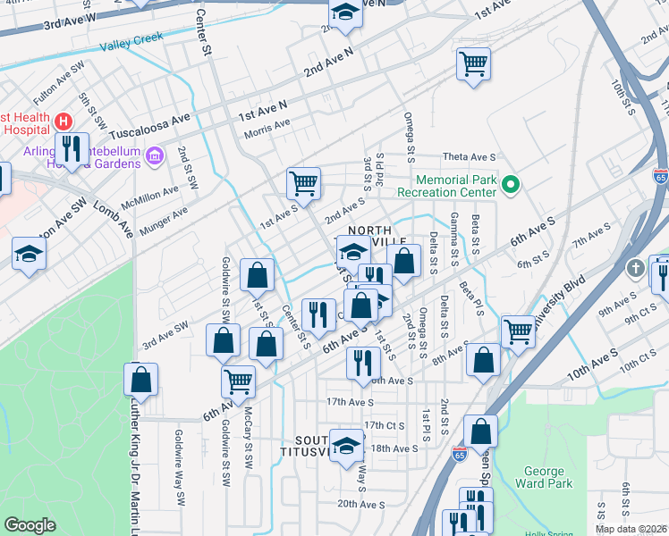 map of restaurants, bars, coffee shops, grocery stores, and more near 326 1st Street South in Birmingham