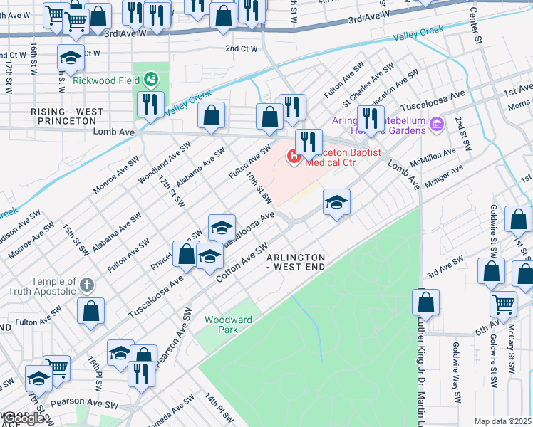 map of restaurants, bars, coffee shops, grocery stores, and more near 628 10th Street Southwest in Birmingham