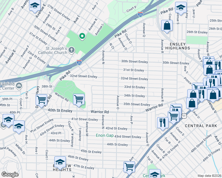 map of restaurants, bars, coffee shops, grocery stores, and more near 1436 33rd Street Ensley in Birmingham