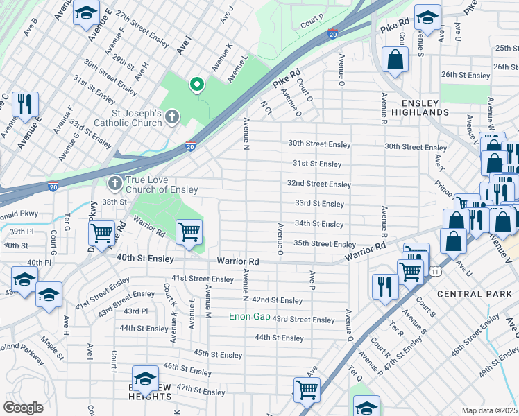 map of restaurants, bars, coffee shops, grocery stores, and more near 1405 33rd Street Ensley in Birmingham