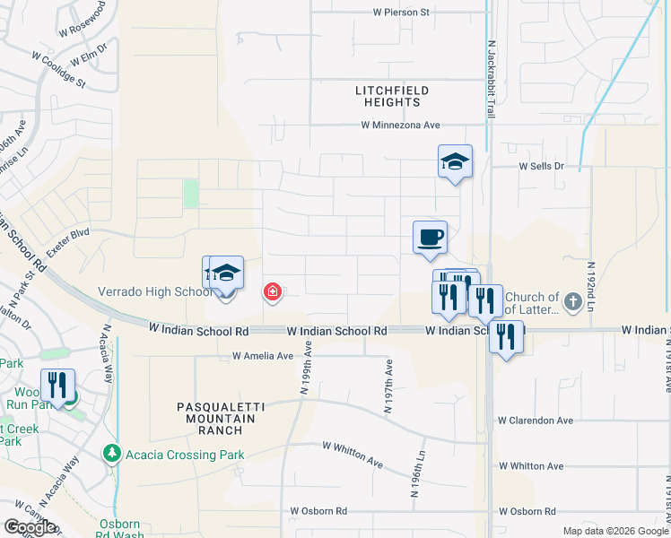 map of restaurants, bars, coffee shops, grocery stores, and more near 19867 West Glenrosa Avenue in Litchfield Park