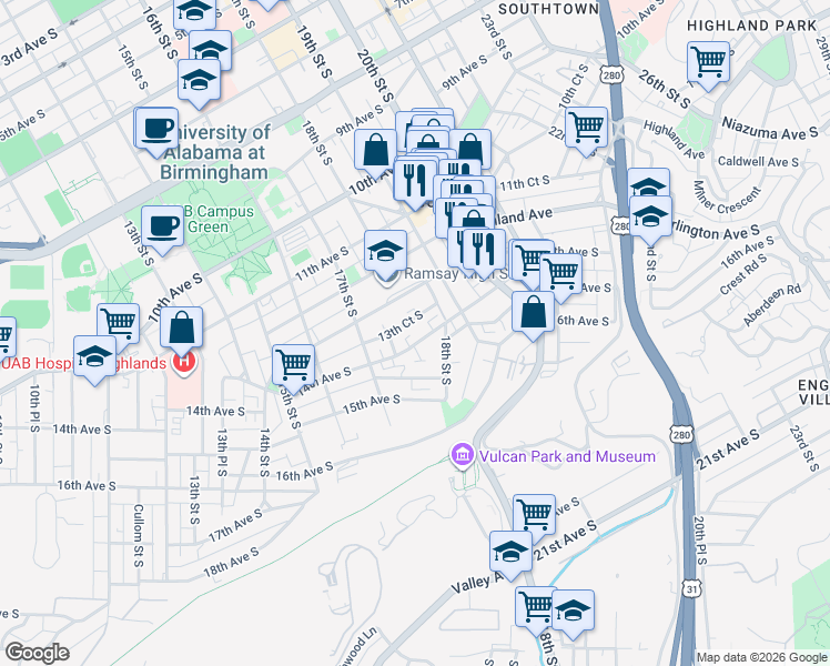map of restaurants, bars, coffee shops, grocery stores, and more near 1722 14th Avenue South in Birmingham