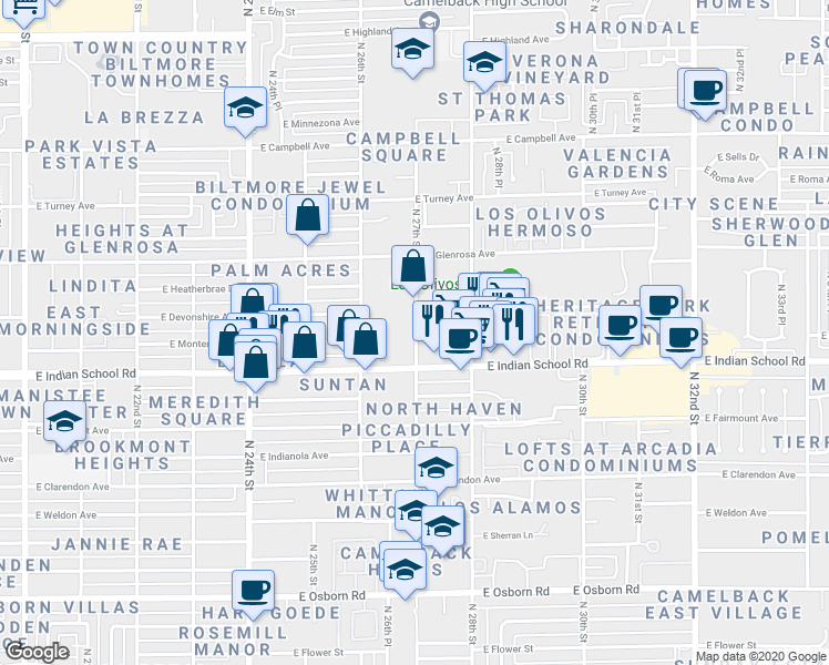 map of restaurants, bars, coffee shops, grocery stores, and more near 4140 North 27th Street in Phoenix