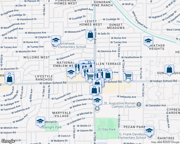 map of restaurants, bars, coffee shops, grocery stores, and more near 7505 West Devonshire Avenue in Phoenix