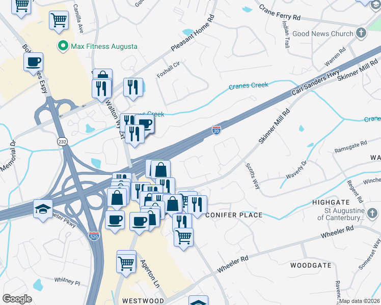 map of restaurants, bars, coffee shops, grocery stores, and more near 40 Eagle Pointe Court in Augusta