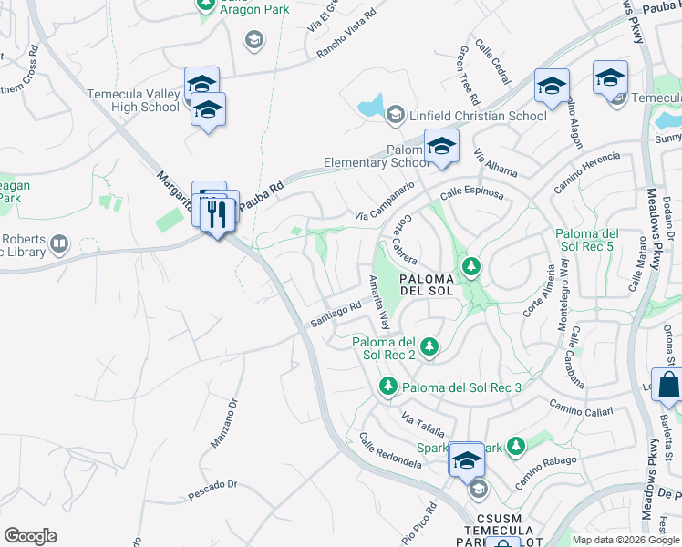map of restaurants, bars, coffee shops, grocery stores, and more near 43149 Corte Tolosa in Temecula