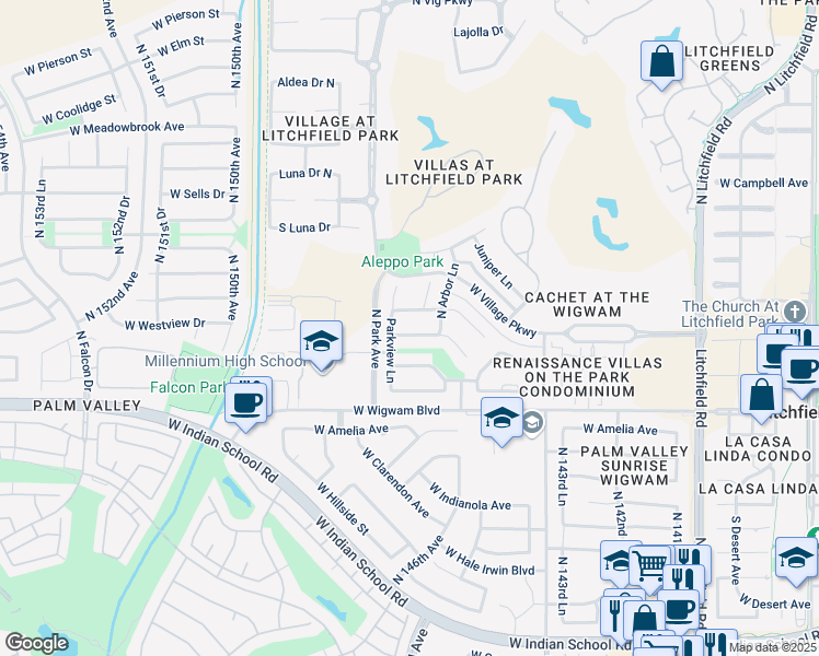 map of restaurants, bars, coffee shops, grocery stores, and more near 934 West Elm Street in Litchfield Park