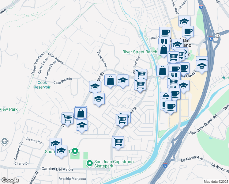 map of restaurants, bars, coffee shops, grocery stores, and more near 32132 Via De Olivia in San Juan Capistrano