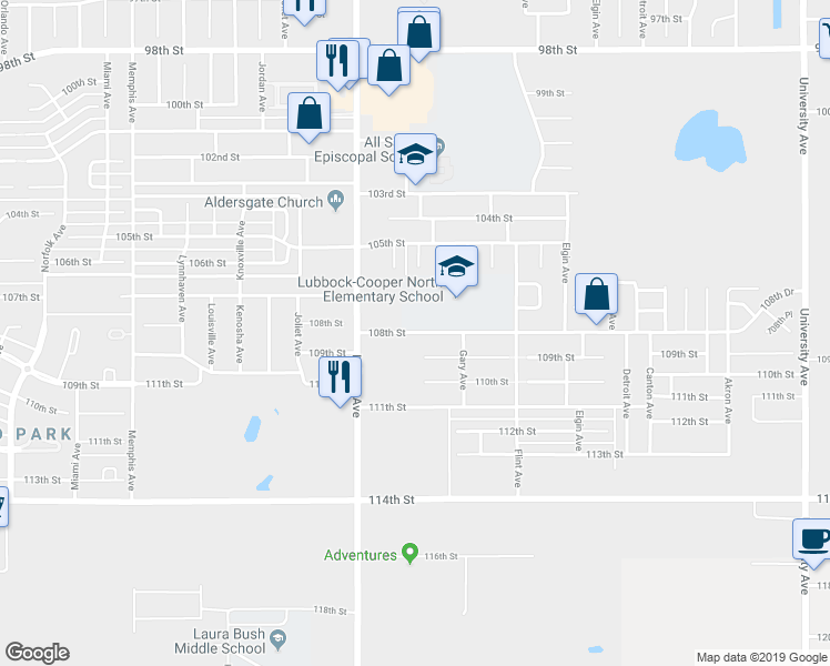 map of restaurants, bars, coffee shops, grocery stores, and more near 3245 108th Street in Lubbock