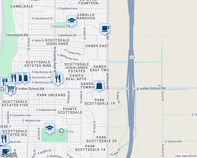 map of restaurants, bars, coffee shops, grocery stores, and more near 4212 North 87th Place in Scottsdale