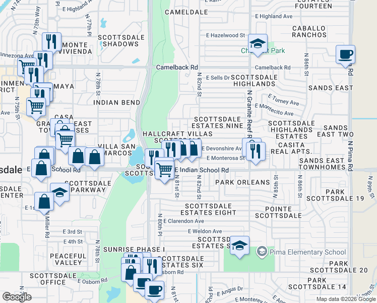 map of restaurants, bars, coffee shops, grocery stores, and more near 4153 North 81st Street in Scottsdale