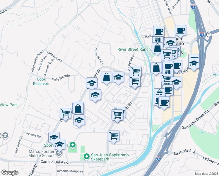 map of restaurants, bars, coffee shops, grocery stores, and more near 32132 Via De Olivia in San Juan Capistrano