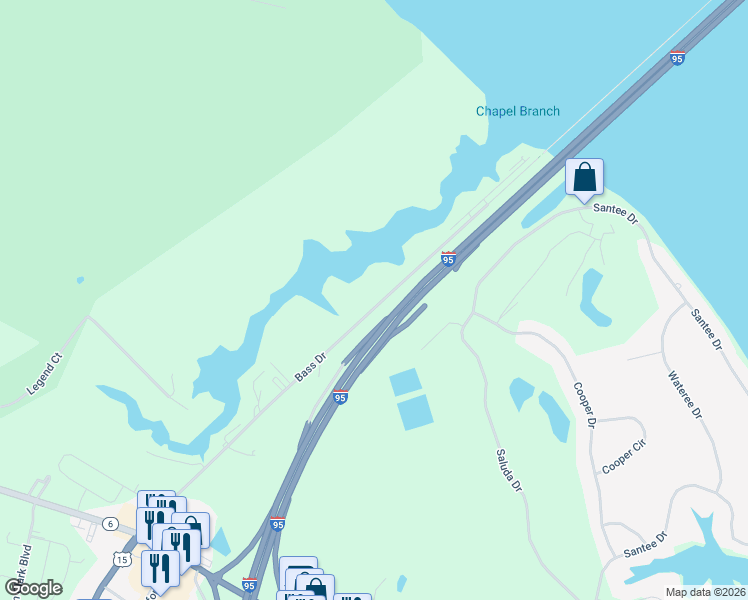map of restaurants, bars, coffee shops, grocery stores, and more near 401 Bass Drive in Santee