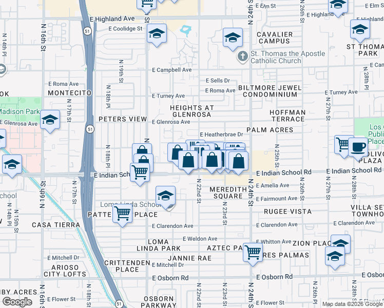 map of restaurants, bars, coffee shops, grocery stores, and more near 4114 North 22nd Street in Phoenix