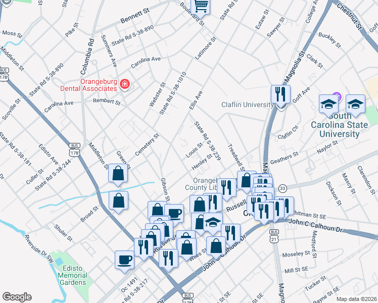 map of restaurants, bars, coffee shops, grocery stores, and more near 545 Louis Street in Orangeburg