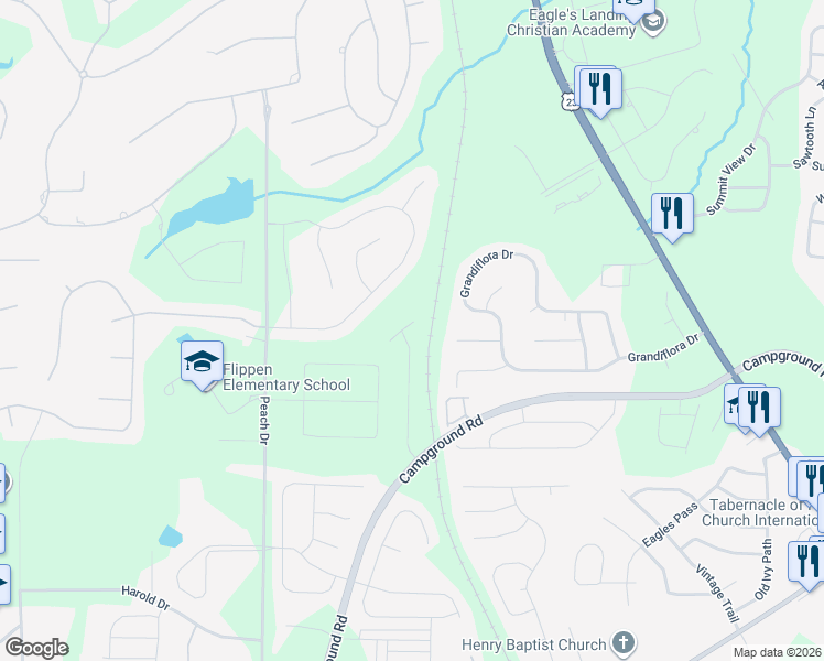 map of restaurants, bars, coffee shops, grocery stores, and more near 176 Windy Circle in McDonough