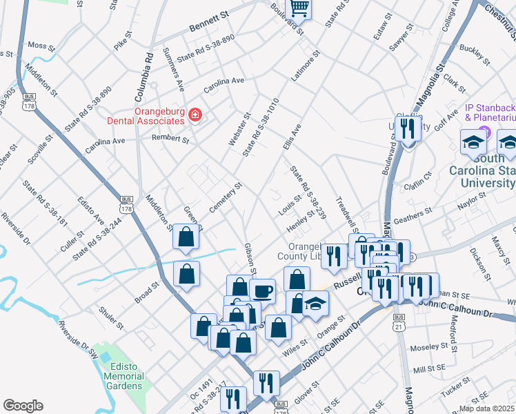 map of restaurants, bars, coffee shops, grocery stores, and more near 487 Summers Avenue in Orangeburg