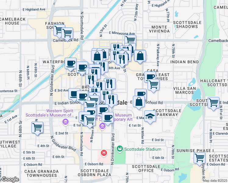 map of restaurants, bars, coffee shops, grocery stores, and more near 4215 North Drinkwater Boulevard in Scottsdale