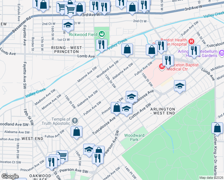 map of restaurants, bars, coffee shops, grocery stores, and more near 1208 Fulton Avenue Southwest in Birmingham
