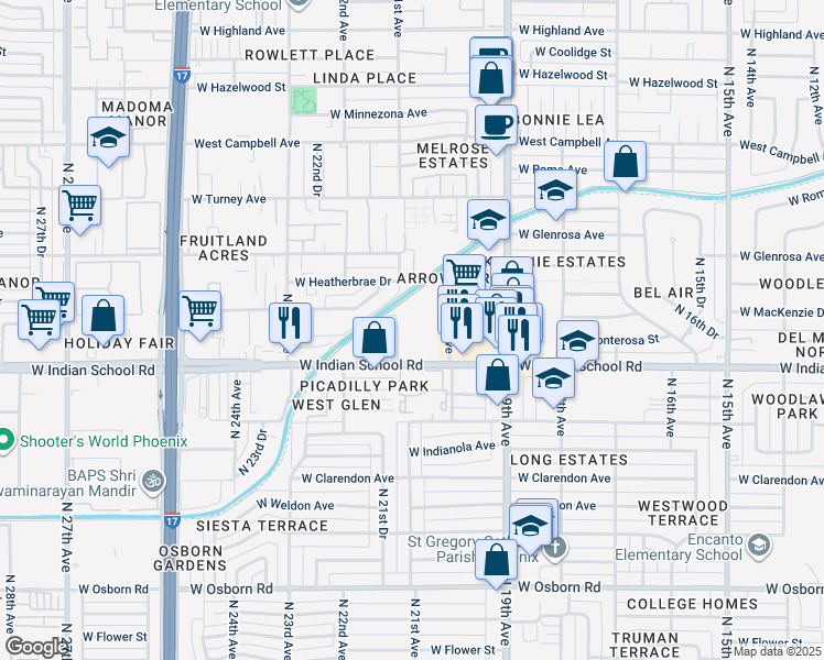 map of restaurants, bars, coffee shops, grocery stores, and more near 2030 West Indian School Road in Phoenix
