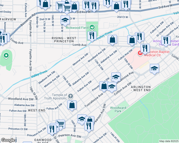 map of restaurants, bars, coffee shops, grocery stores, and more near 398 13th Street Southwest in Birmingham