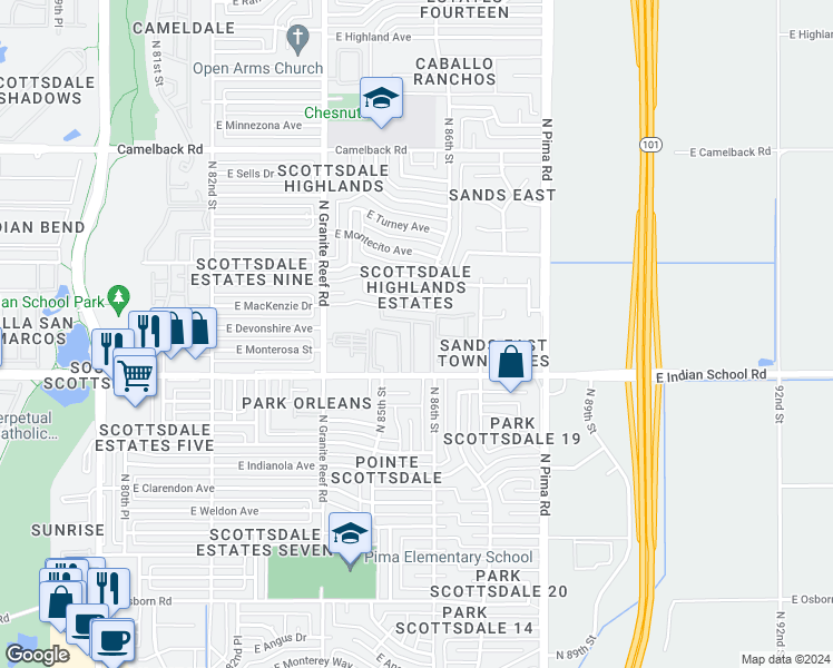 map of restaurants, bars, coffee shops, grocery stores, and more near 8558 East Indian School Road in Scottsdale