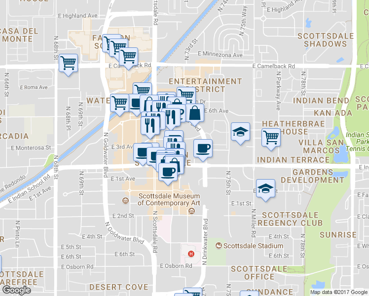 map of restaurants, bars, coffee shops, grocery stores, and more near 13579 North Buckboard Trail in Scottsdale