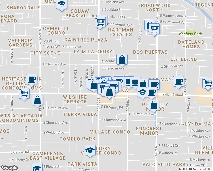 map of restaurants, bars, coffee shops, grocery stores, and more near 3619 East Monterosa Street in Phoenix