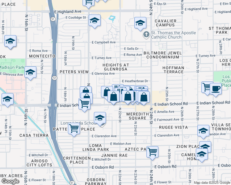 map of restaurants, bars, coffee shops, grocery stores, and more near 4120 North 22nd Street in Phoenix