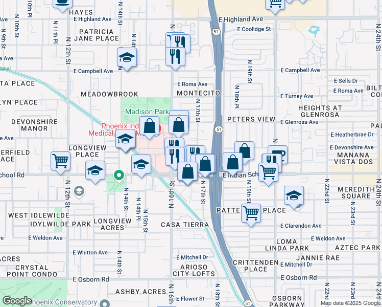 map of restaurants, bars, coffee shops, grocery stores, and more near 4140 North 17th Street in Phoenix