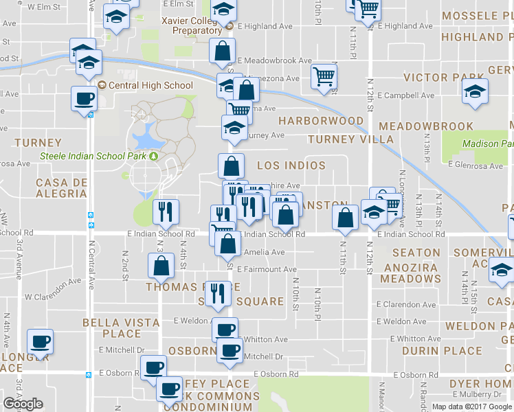 map of restaurants, bars, coffee shops, grocery stores, and more near 4204 North 9th Street in Phoenix