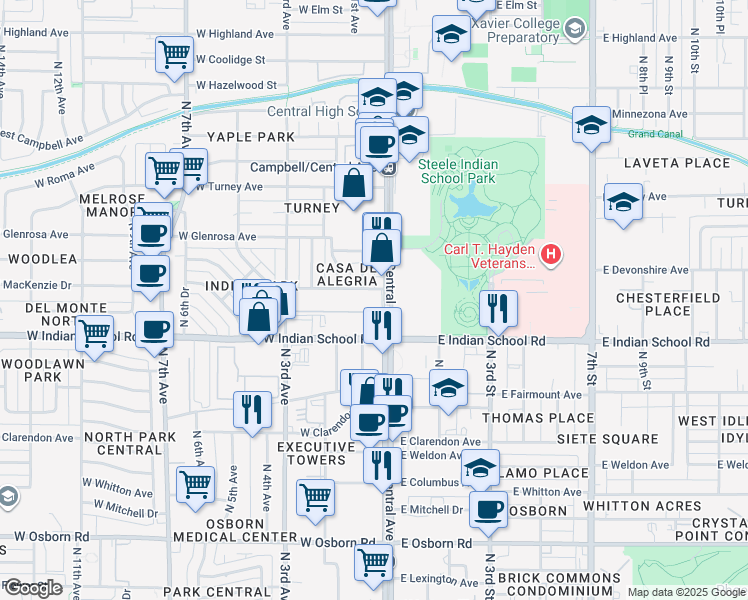 map of restaurants, bars, coffee shops, grocery stores, and more near in Phoenix