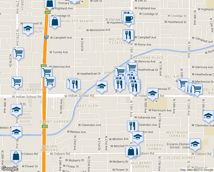 map of restaurants, bars, coffee shops, grocery stores, and more near 2030 West Indian School Road in Phoenix