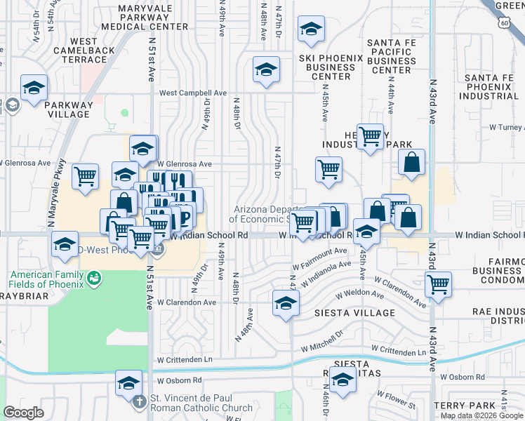 map of restaurants, bars, coffee shops, grocery stores, and more near 4141 North 48th Avenue in Phoenix
