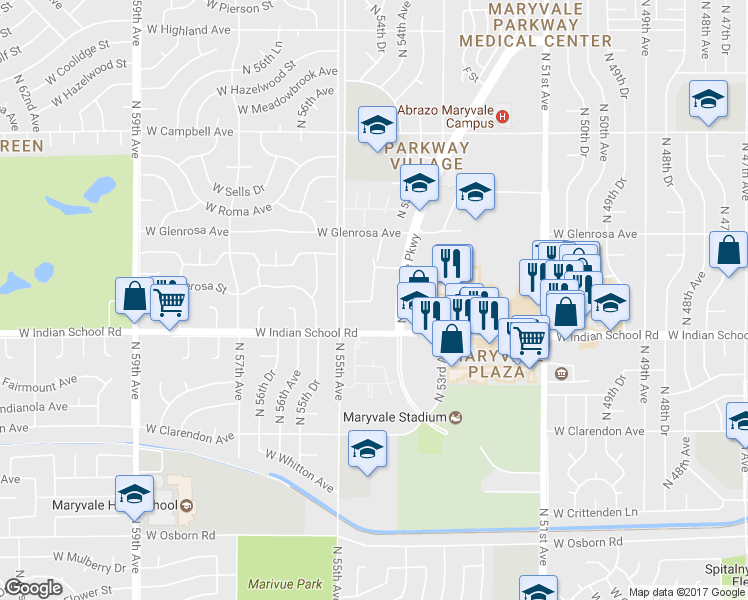 map of restaurants, bars, coffee shops, grocery stores, and more near 5454 West Indian School Road in Phoenix