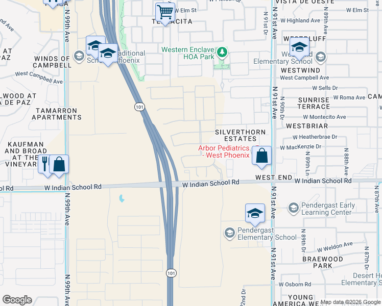 map of restaurants, bars, coffee shops, grocery stores, and more near 4202 North 92nd Lane in Phoenix