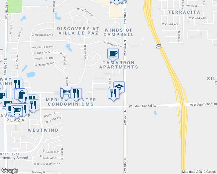 map of restaurants, bars, coffee shops, grocery stores, and more near 9939 West Devonshire Avenue in Phoenix