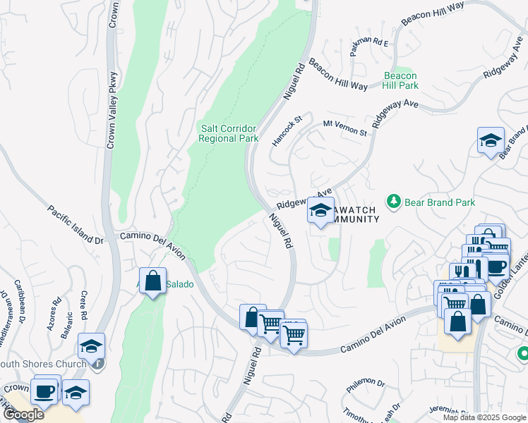 map of restaurants, bars, coffee shops, grocery stores, and more near 32193 Ridgeway Avenue in Laguna Niguel
